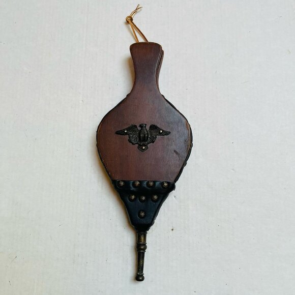 Vintage Leather Wood Brass Fire Bellows With Eagle Emblem Colonial Style - Picture 1 of 6